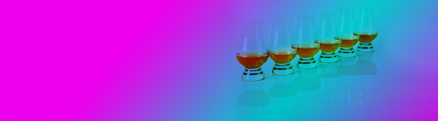 Set of single malt tasting glasses, single malt whisky in a glasses, unique background