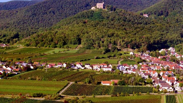 Drone Shot of Landscape with Green Fields, Village and Old Castle on Hill