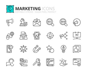 Simple set of outline icons about marketing. Communication concept.