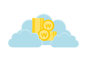 Stack of won coins surrounded by clouds. Virtual banking concept.