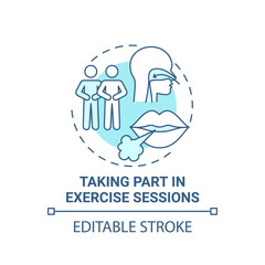 Taking part in excercise sessions blue concept icon. Pulmonary rehabilitation abstract idea thin line illustration. Breathing exercises. Vector isolated outline color drawing. Editable stroke