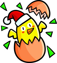 Cute christmas little chicken cartoon coming out from egg