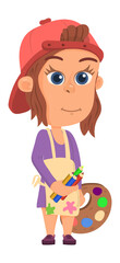 Girl artist with brush. Creative child. Cute cartoon character