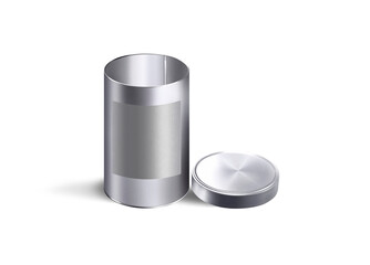 Metallic tin cylindrical container mock up isolated on a white background. Design Template For Packaging Baby Powder Milk, Tea, Coffee, Cereal etc., Front View.3d rendering.