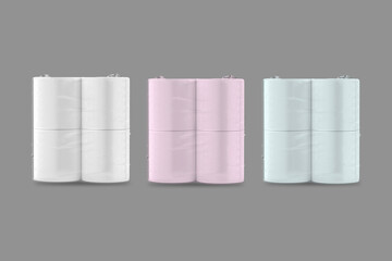 Blank white toilet paper set packaging mockup isolated on grey background. Realistic 3D rendering, perfect for branding, packaging design, and product presentation.
