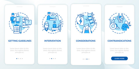 Fototapeta na wymiar Pulmonary rehab process blue onboarding mobile app page screen. Recovery plan walkthrough 4 steps graphic instructions with concepts. UI, UX, GUI vector template with linear color illustrations