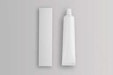 Blank white toothpaste tube mockup with box, isolated on grey background. 3D rendering, realistic cosmetic and medical tube template, skincare, dental care product packaging, branding presentation.
