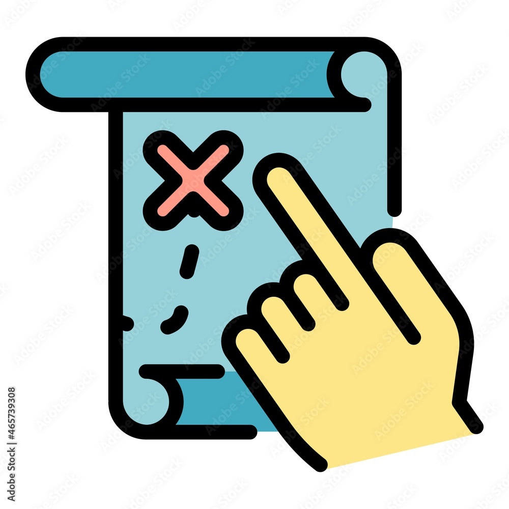 Poster hand points to map icon. outline hand points to map vector icon color flat isolated