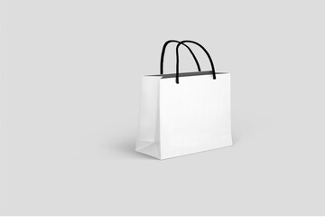 Empty white paper shopping bag isolated on grey background. Mock up. Zero waste concept. 3d rendering.