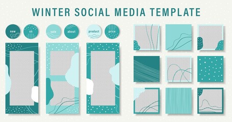 Winter Design template backgrounds for social media banner.Snowy stories and post frame templates.Vector cover. Mockup for personal blog or shop.Layout for promotion. Endless square photos puzzle.