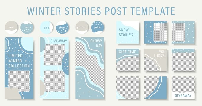 Winter Design template backgrounds for social media banner.Snowy stories and post frame templates.Vector cover. Mockup for personal blog or shop.Layout for promotion. Endless square photos puzzle.