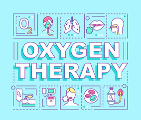Oxygen therapy word concepts banner. Pulmonary rehabilitation. Infographics with linear icons on blue background. Isolated creative typography. Vector outline color illustration with text