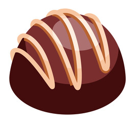 Round chocolate candy with cream stripes. Cartoon vector illustration.