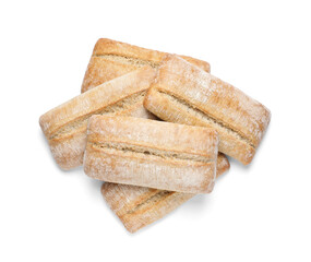 Crispy ciabattas isolated on white, top view. Fresh bread