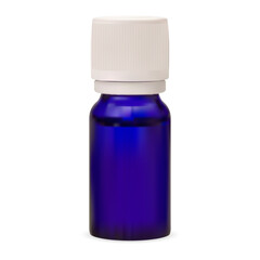Small essential oil bottle. Blue glass container mockup. Liquid lavender syrup, aromatherapy flask cobalt blank. Herb essence or fruit aroma jar blank. Realistic nature serum vial