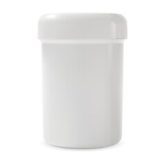 White vitamin pill bottle. Plastic supplement jar, medicine capsule box. Medicine product, health medicament capsule package with cap. Antibiotic cure can template, prescription drugs