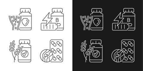 Food supplements linear icons set for dark and light mode. B vitamins for fatigue. Natural ingredients. Customizable thin line symbols. Isolated vector outline illustrations. Editable stroke
