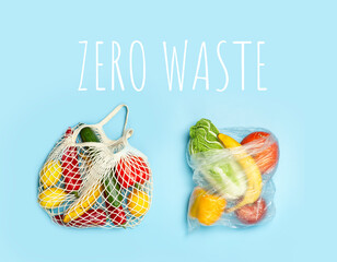 A reusable shopping string bag with vegetables and fruit from the supermarket. Single-use plastic...