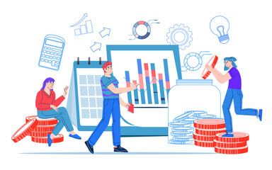 Financial or business professionals making financial operations. Economists and  financiers, stock brokers or  accountants,  tax inspectors team, flat vector illustration isolated on white background.