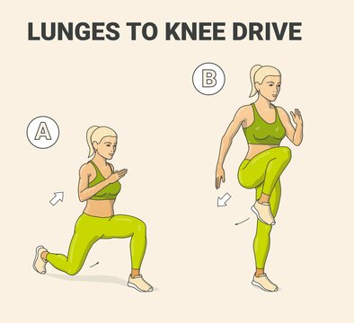 Reverse Lunges to Knee Hops Home Exercise Guidance. Lunges to Knee Drive Young Woman Does Fitness.
