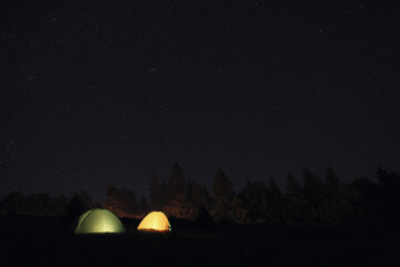 Two color camping tents near forest under sky full of stars at night