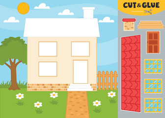 A game for children. Puzzle. Cut and paste colored parts of the house: door, windows, roof, chimney. Printable worksheet, vector illustration