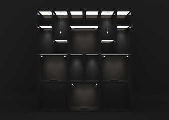 Dark black empty architecture interior space room studio background wall display products minimalistic. Illuminated ceiling. Gallery with empty modern showcase. Empty hole. 3d render
