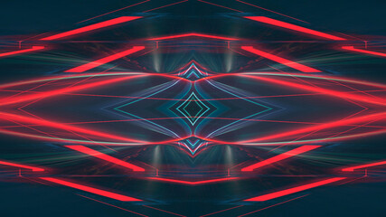 Dark abstract futuristic modern neon background. Futuristic space dark background with rays and neon lines. Neon abstraction. Symmetrical reflection, perspective. neon. 3D illustration. 