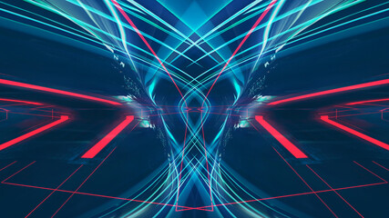 Dark abstract futuristic modern neon background. Futuristic space dark background with rays and neon lines. Neon abstraction. Symmetrical reflection, perspective. neon. 3D illustration. 