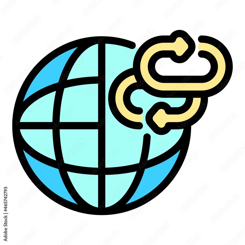 Poster two chain links and globe icon. outline two chain links and globe vector icon color flat isolated