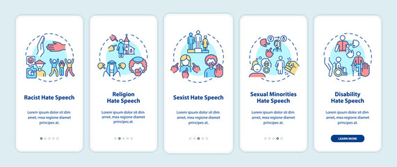 Hate speech against groups onboarding mobile app page screen. Offensive language walkthrough 5 steps graphic instructions with concepts. UI, UX, GUI vector template with linear color illustrations