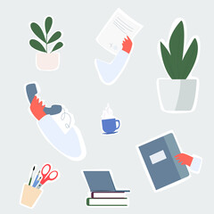 illustration of a set of supplies. Charts, papers, laptop, hands with tasks. Stickers. flat vector