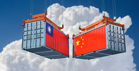 Shipping containers with China and Taiwan national flag. 3D Rendering 