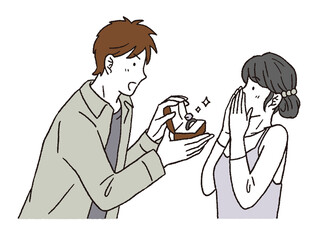 シンプルなタッチ　プロポーズする男性と喜ぶ女性のイラストレーション