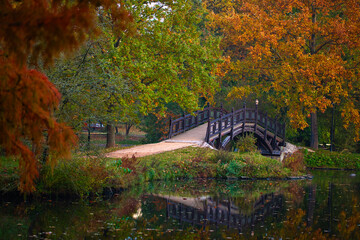 Brücke und Teich an einem Herbsttag -  Leipzig,  Johanna Park (Clara-Zetkin-Park)