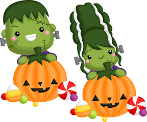 vector of Frankenstein and lady Frankenstein with jack o lantern

