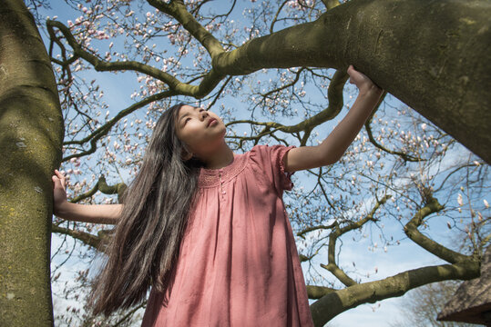 asian girl in pink dress in spring standing under blossoming tree in nature
