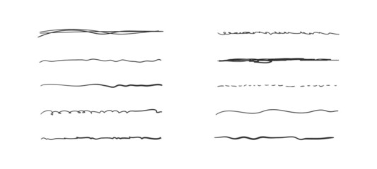 Set of wavy horizontal lines. Marker hand drawn line border set and doodle design. Hand drawn grunge brush strokes