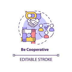 Fototapeta na wymiar Be cooperative concept icon. Professional teamwork. Partnership at work. Career advancement abstract idea thin line illustration. Vector isolated outline color drawing. Editable stroke