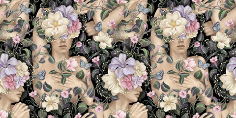 Floral seamless pattern. Beautiful naked men, romantic woman, garden flowers, green leaves, butterflies, magnolia. Watercolor 3d illustration. Tropical background, fashion portrait. Luxury wallpapers - 465745747