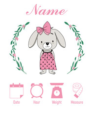 Cute rabbit. Baby birth print. Baby data template at birth. Weight, measurement, time and day of birth