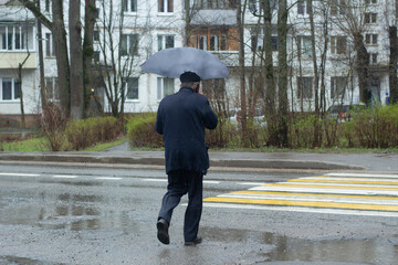 An elderly man in a blue suit with an umbrella crosses the road at a pedestrian crossing, a view from the back. A rainy day. Traffic.