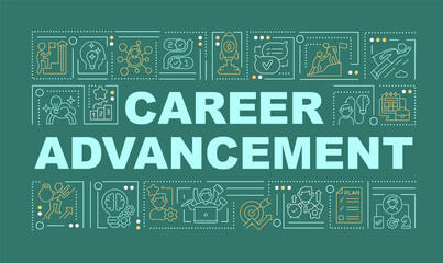 Career advancement green word concepts banner. Professional development. Infographics with linear icons on green background. Isolated creative typography. Vector outline color illustration with text