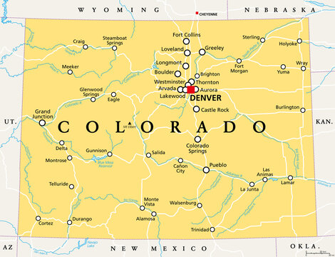 Colorado, CO political map with the capital Denver, most important rivers and lakes. State in the Mountain West subregion of the Western United States of America nicknamed The Centennial State. Vector