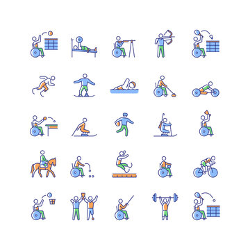 Sport competition RGB color icons set. Professional competitive event. Athletes and sportsmen with disability. Isolated vector illustrations. Simple filled line drawings collection collection