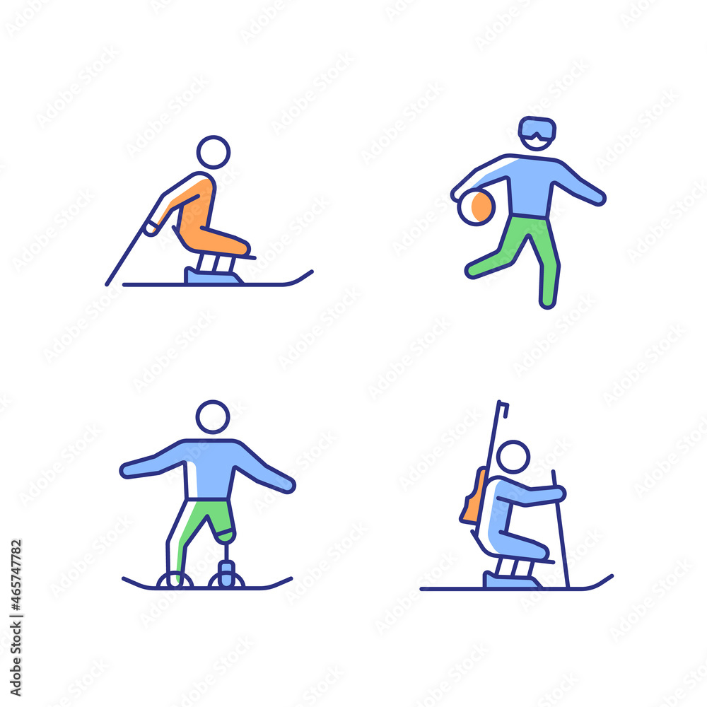 Wall mural Winter season athletics RGB color icons set. Adaptive competitive disciplines. Sports with equipment. Disabled sportsmen. Isolated vector illustrations. Simple filled line drawings collection