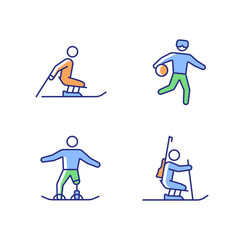 Fototapeta na wymiar Winter season athletics RGB color icons set. Adaptive competitive disciplines. Sports with equipment. Disabled sportsmen. Isolated vector illustrations. Simple filled line drawings collection