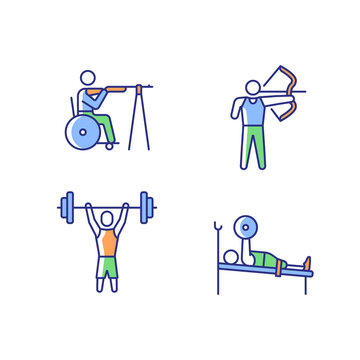 Single Adaptive Contests RGB Color Icons Set. Athletic Activities. Single Sports. Sportsman With Physical Disability. Isolated Vector Illustrations. Simple Filled Line Drawings Collection