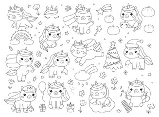 Set of coloring page with cute unicorns, clouds, stars and flowers. Kawaii cartoon characters. Hand drawn pony. Birthday, Christmas, New Year and Halloween holidays. Vector illustration.