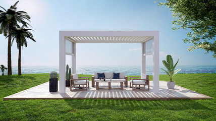 3D illustration of garden patio with white pergola next to sea - obrazy, fototapety, plakaty